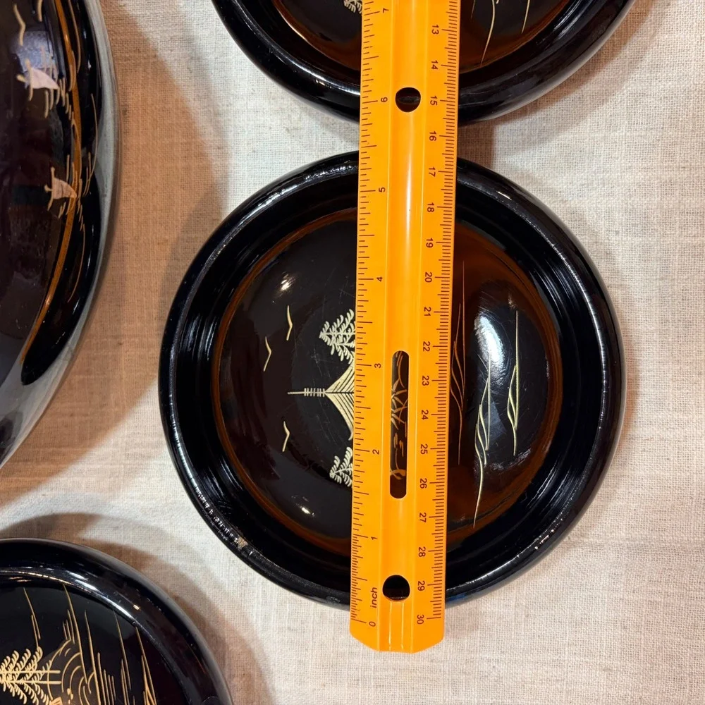 Vintage Japanese Black‎ Lacquerware Bowl Set 7pc Mt Fuji Pagoda Gold Landscape